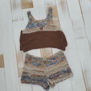 Brand New Handmade Multicolor Knit Crop Top and Shorts Set
